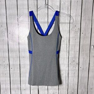 Lucy Tank Top Criss Cross Back adjustable Shelf Bra small gray blue